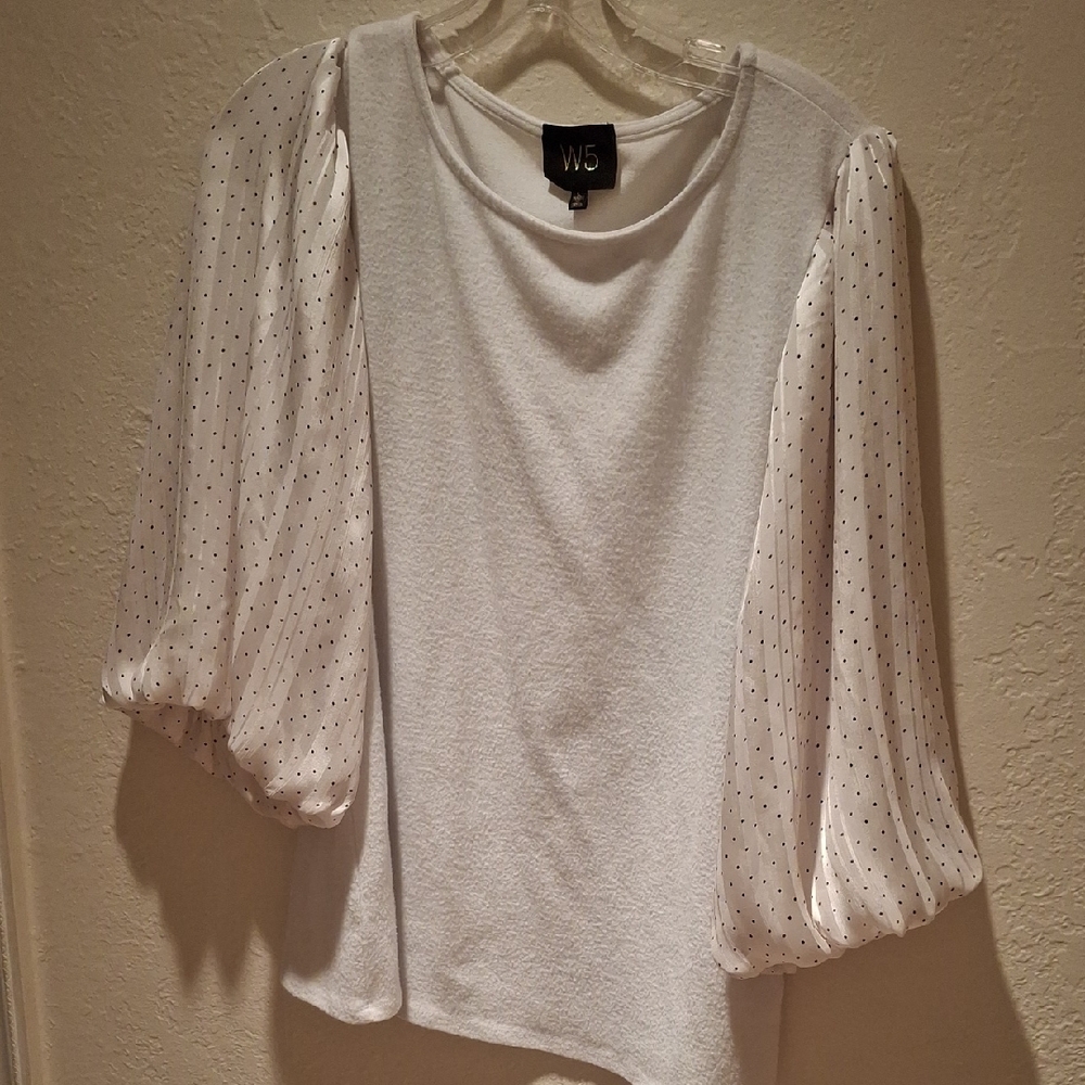 W5 White Top with Sheer Polka Dot Sleeves
